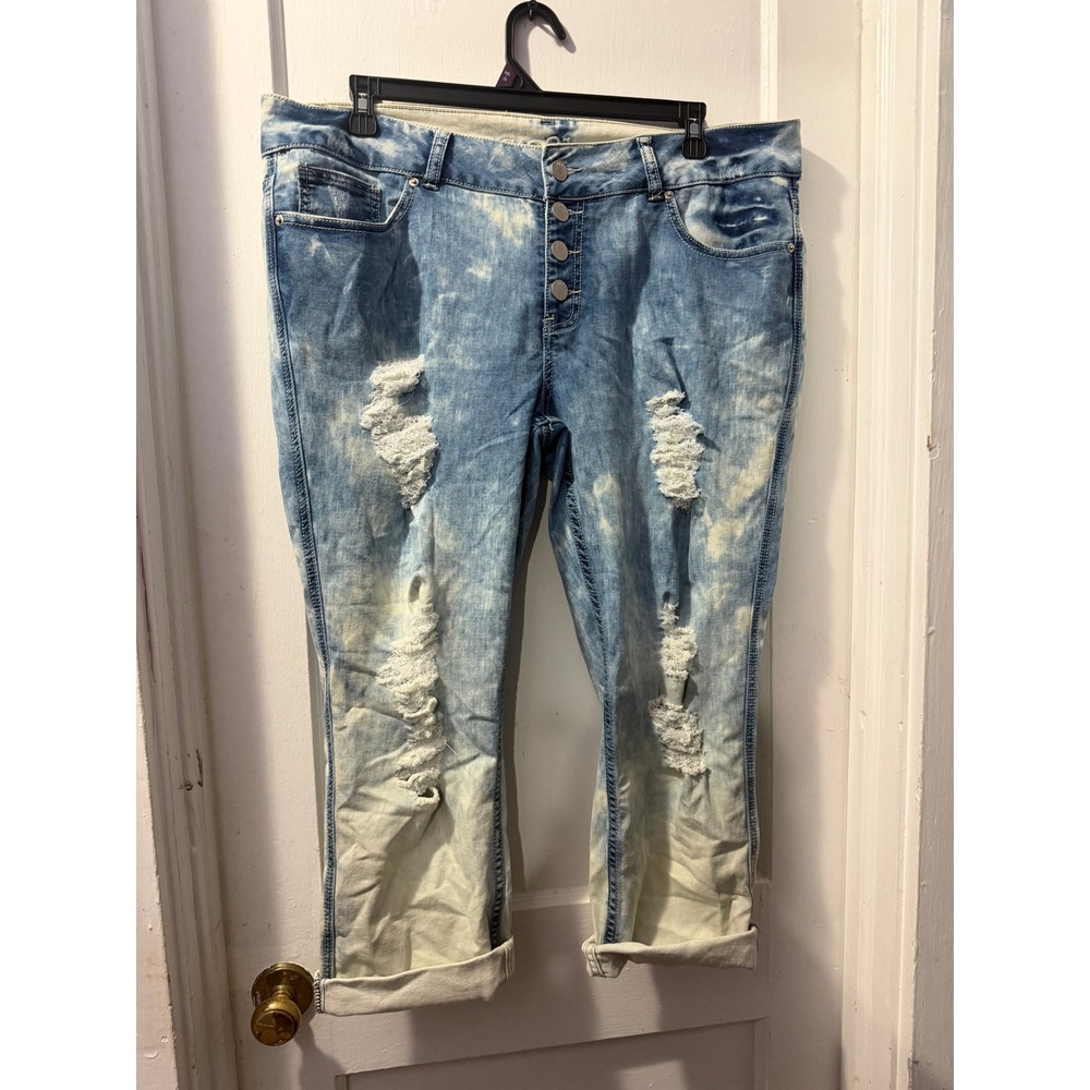 Rue21 Mid Rise Crop Tie Dye Distressed Button Fly Jeans Blue White 20